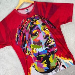 Rage On Mens Tupac Shakur Graphic Tee Red Multicolor All Over Print XL Dbl Sided